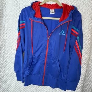 Vintage 90’s Addidas hoody, Blue w/red zipper & Neon stripes
